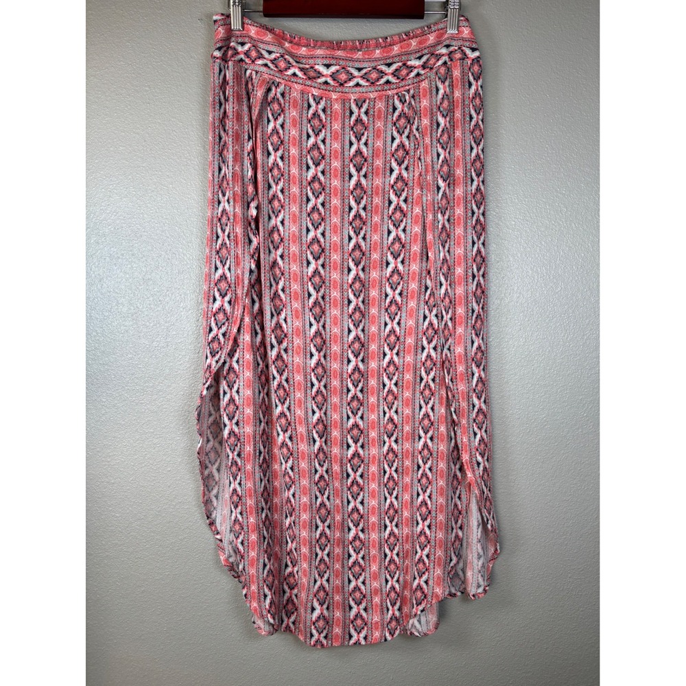 Faded Glory Women's Boho Maxi Skirt Coral Tribal Print Elastic Waist Side Slit L